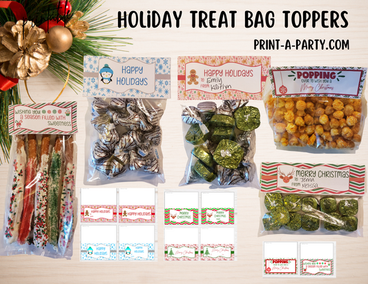 TREAT BAG TOPPERS Printable Holiday Treat Bag Toppers | Christmas Party Favor Bags | DIY Gift Tags for Snacks, Candy & Baked Goods