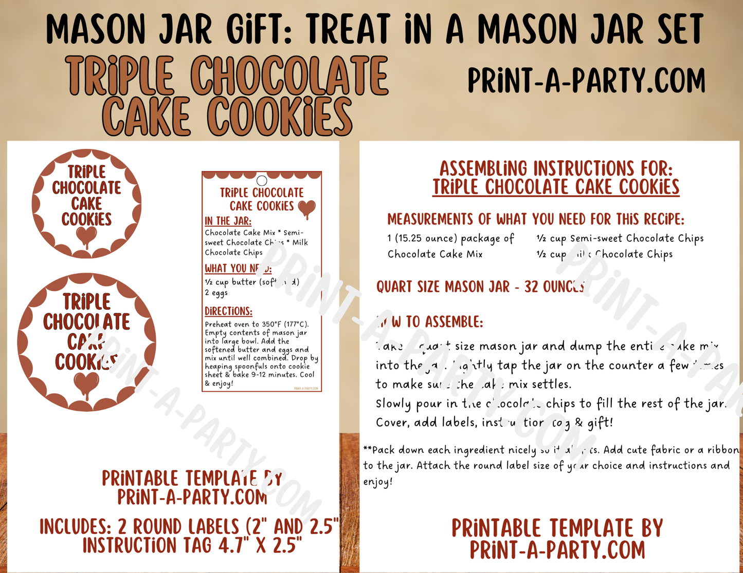 MASON JAR GIFT: Triple Chocolate Cake Cookie Mix Mason Jar Printable Gift Kit - for neighbors, teachers, gift baskets and more!