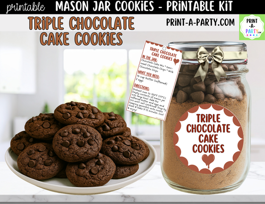 Triple Chocolate Cake Cookies in a Mason Jar Gift Printable Kit - Labels, Tag, Recipe and Instructions