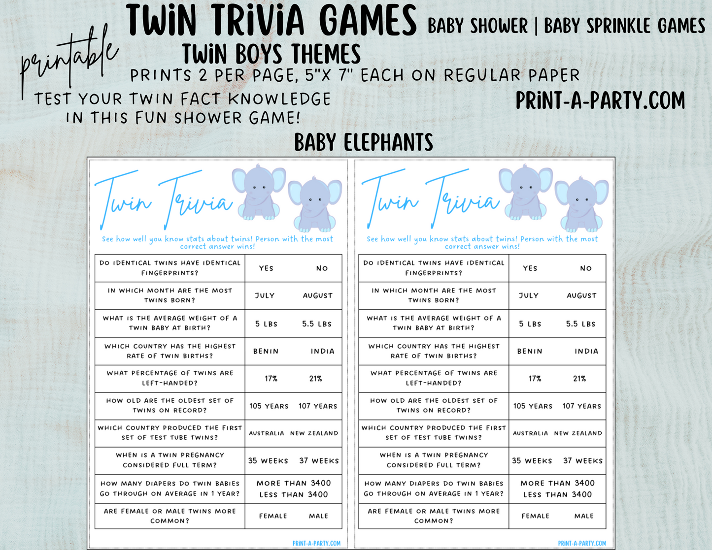TWIN TRIVIA Game | TWIN BOYS | Twin Boys Baby Shower Idea | Twin Boys Baby Shower Activities - INSTANT DOWNLOAD