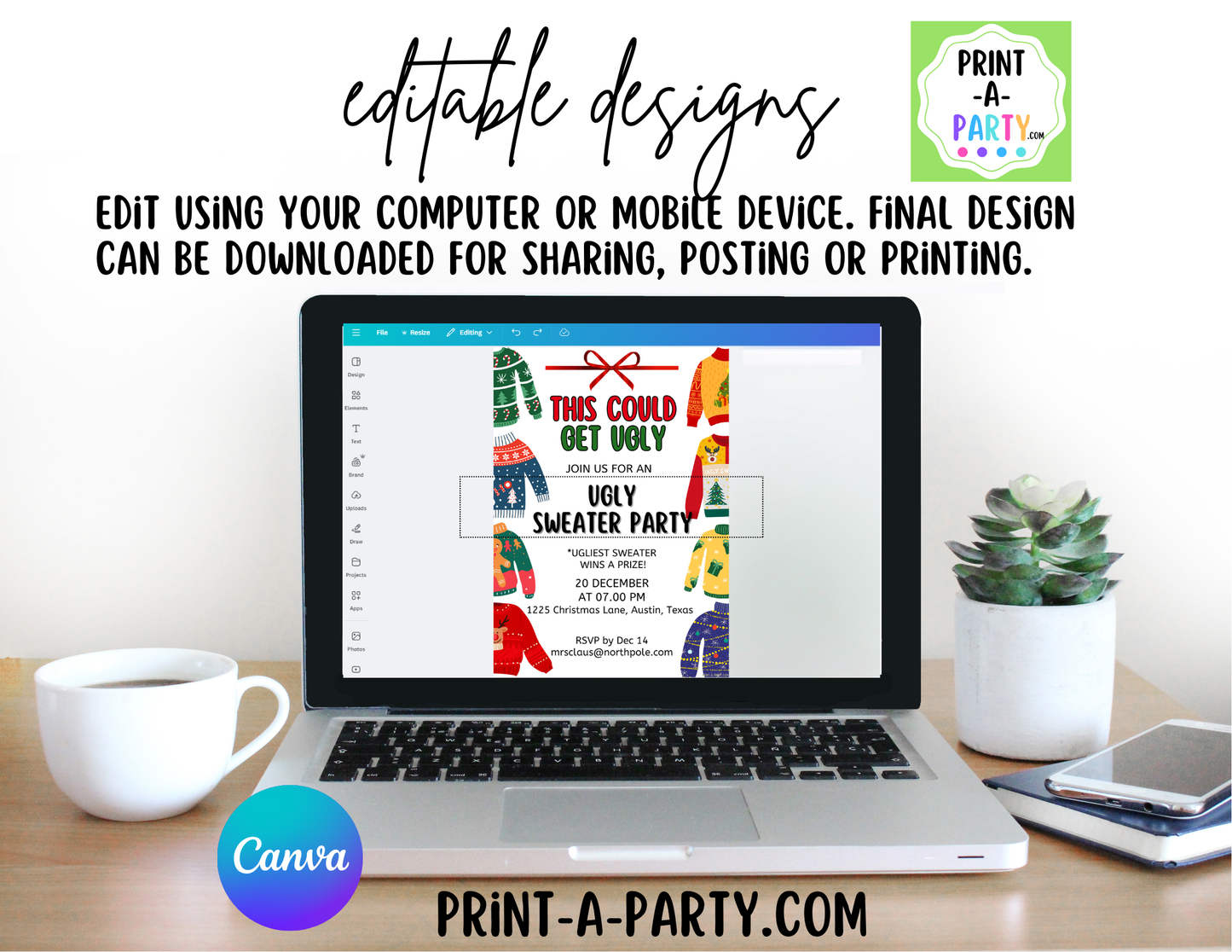UGLY CHRISTMAS SWEATER PARTY INVITATION - Editable Invitation Template for Easy Sharing Posting or Printing