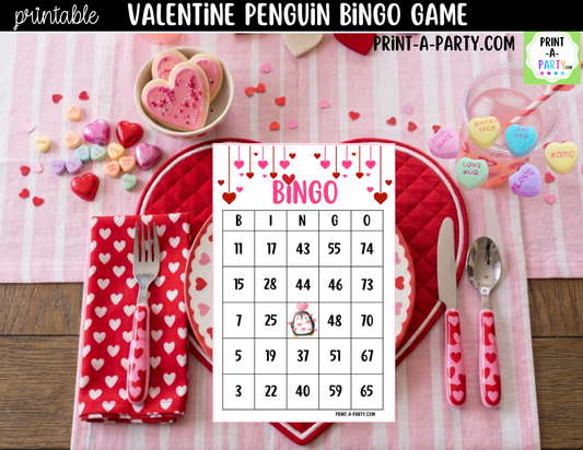 Valentine Penguin Bingo Game Printable – 30, 40 or 50 Cards