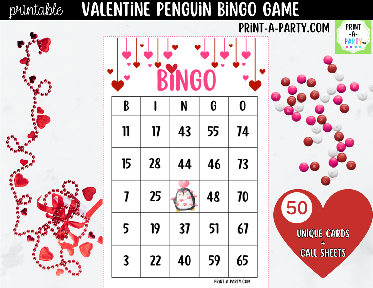 Valentine Penguin Bingo Game Printable – 30, 40 or 50 Cards
