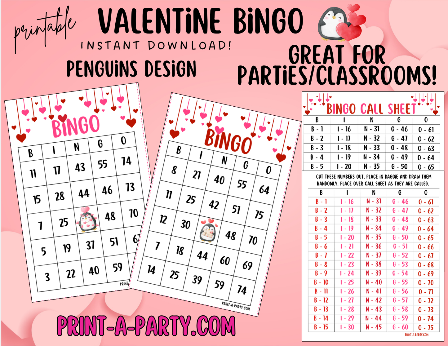 BINGO: Valentine Bingo | Valentine Penguins Bingo | Classrooms | Parties | Birthday | 30, 40, or 50 cards | Valentine Party Idea
