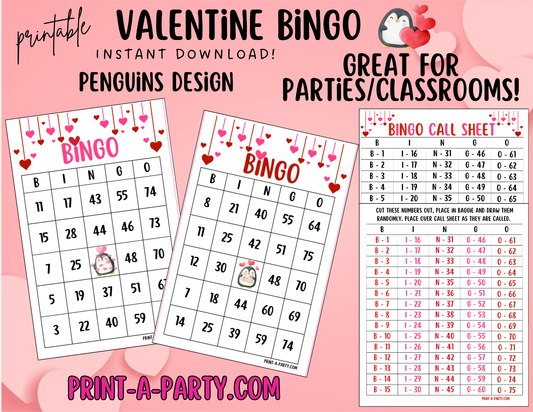 BINGO: Valentine Bingo | Valentine Penguins Bingo | Classrooms | Parties | Birthday | 30, 40, or 50 cards | Valentine Party Idea