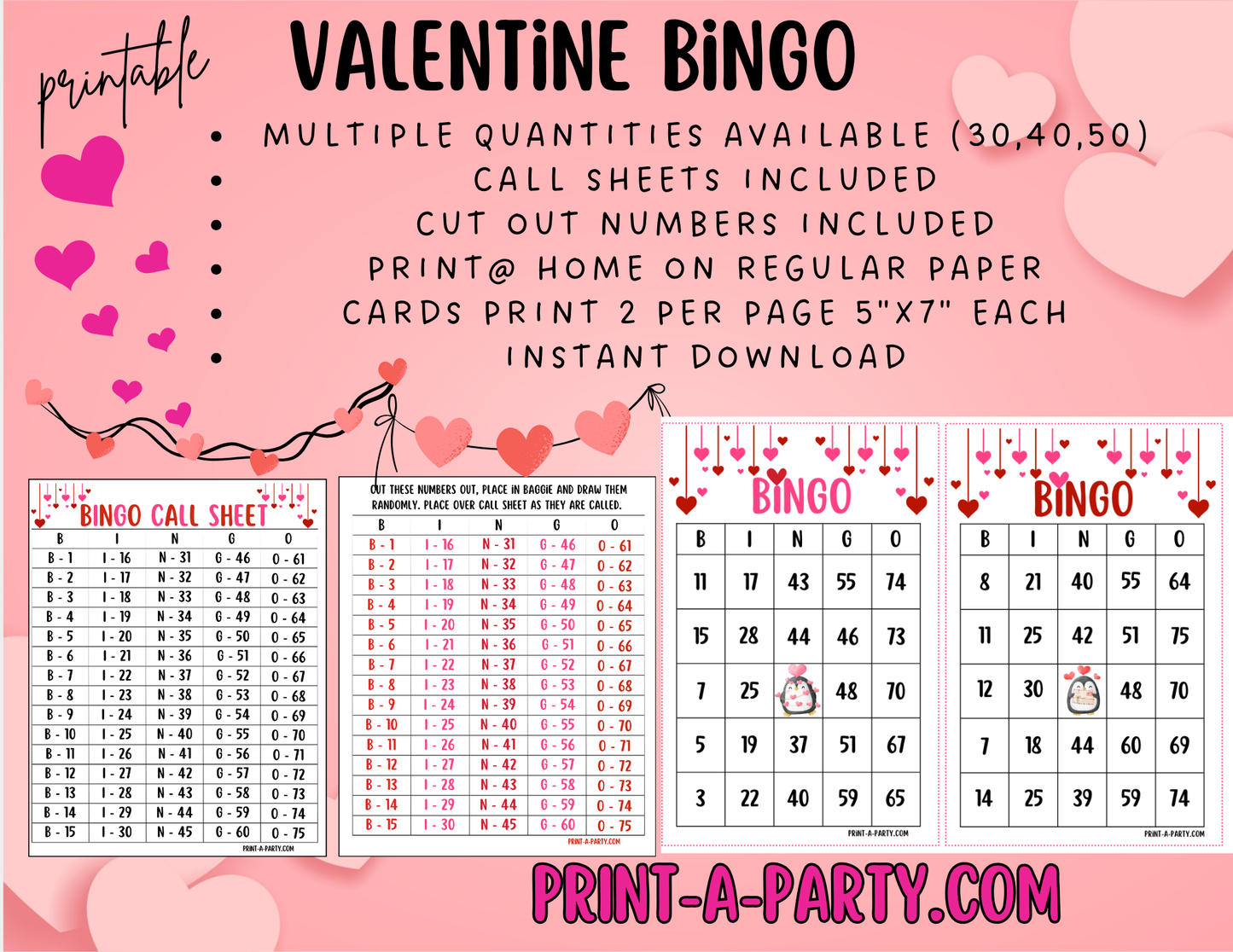BINGO: Valentine Bingo | Valentine Penguins Bingo | Classrooms | Parties | Birthday | 30, 40, or 50 cards | Valentine Party Idea