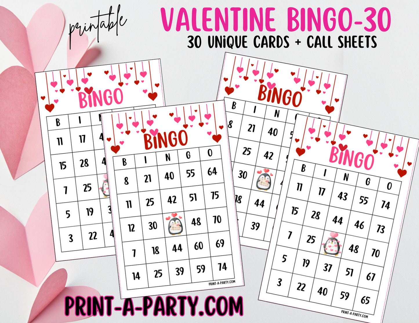 BINGO: Valentine Bingo | Valentine Penguins Bingo | Classrooms | Parties | Birthday | 30, 40, or 50 cards | Valentine Party Idea