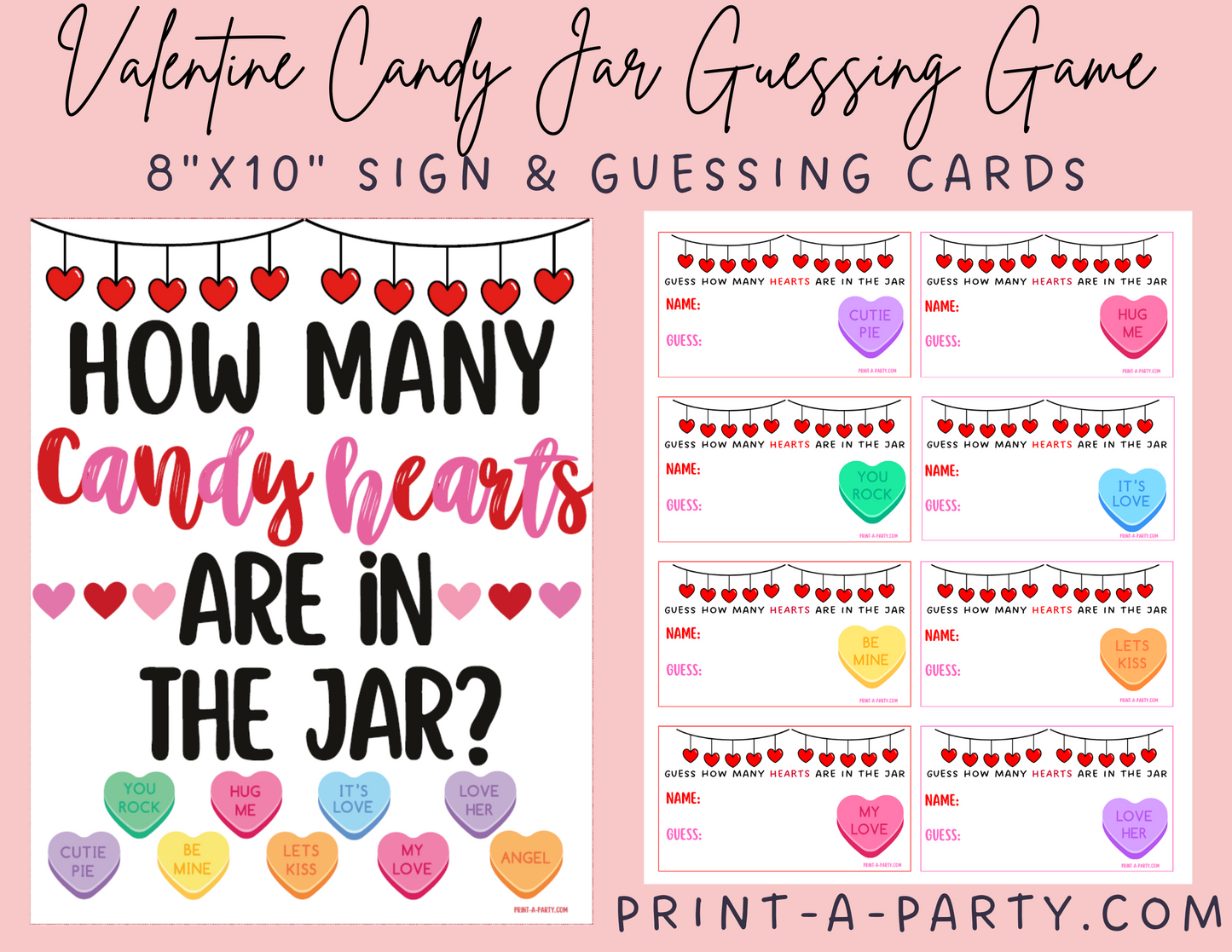 Candy Jar Guessing Game - VALENTINE'S DAY Conversation Hearts - Printable Valentine's Game for Parties, Classroom, Showers, Galentine's or the Office