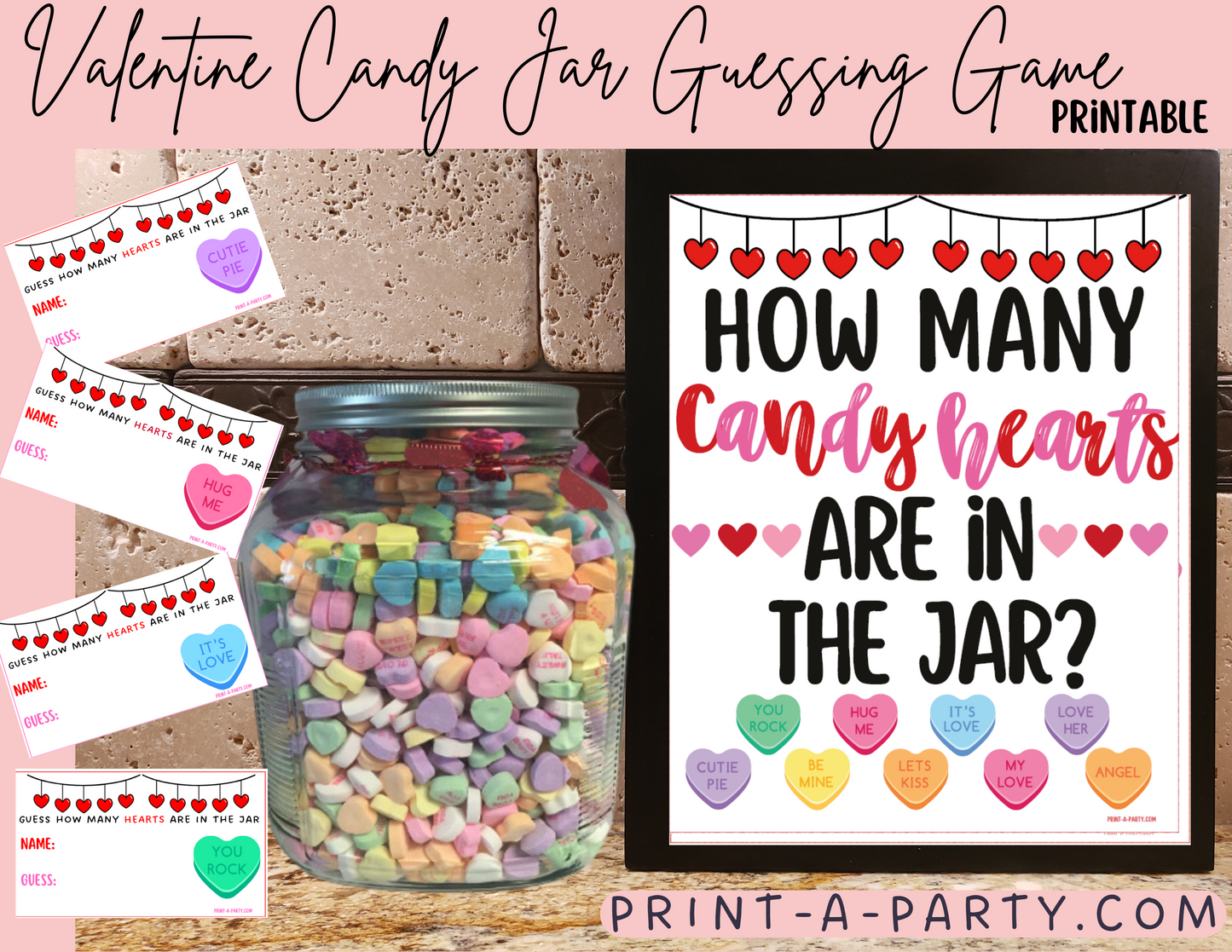 Candy Jar Guessing Game - VALENTINE'S DAY Conversation Hearts - Printable Valentine's Game for Parties, Classroom, Showers, Galentine's or the Office
