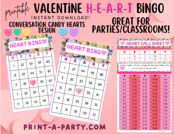 BINGO: Valentine Bingo | Converation Candy Heart Bingo | Classrooms | Parties | Birthday | 30, 40, or 50 cards - INSTANT DOWNLOAD