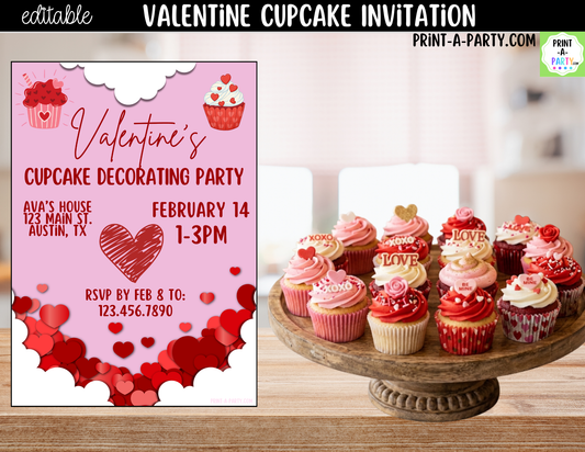Valentine Cupcake Party Invitation Printable – Editable Canva