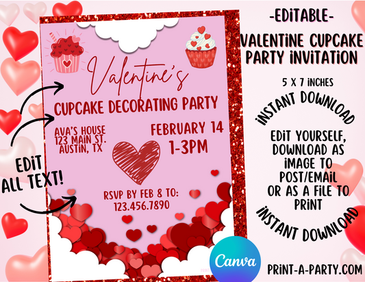 VALENTINE PARTY EDITABLE INVITATION: VALENTINE'S CUPCAKE PARTY - EDITABLE PRINTABLE | Valentine's Day Cupcake Party Invite | Valentine Party Customization | Valentine Decorating Cupcakes