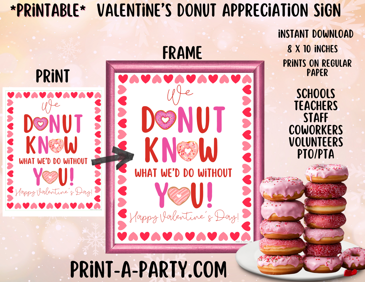 Appreciation Sign - Printable Valentine’s Donut Appreciation Sign for Staff, Teacher & Employee Valentine’s Gift Sign | 8x10 Instant Download