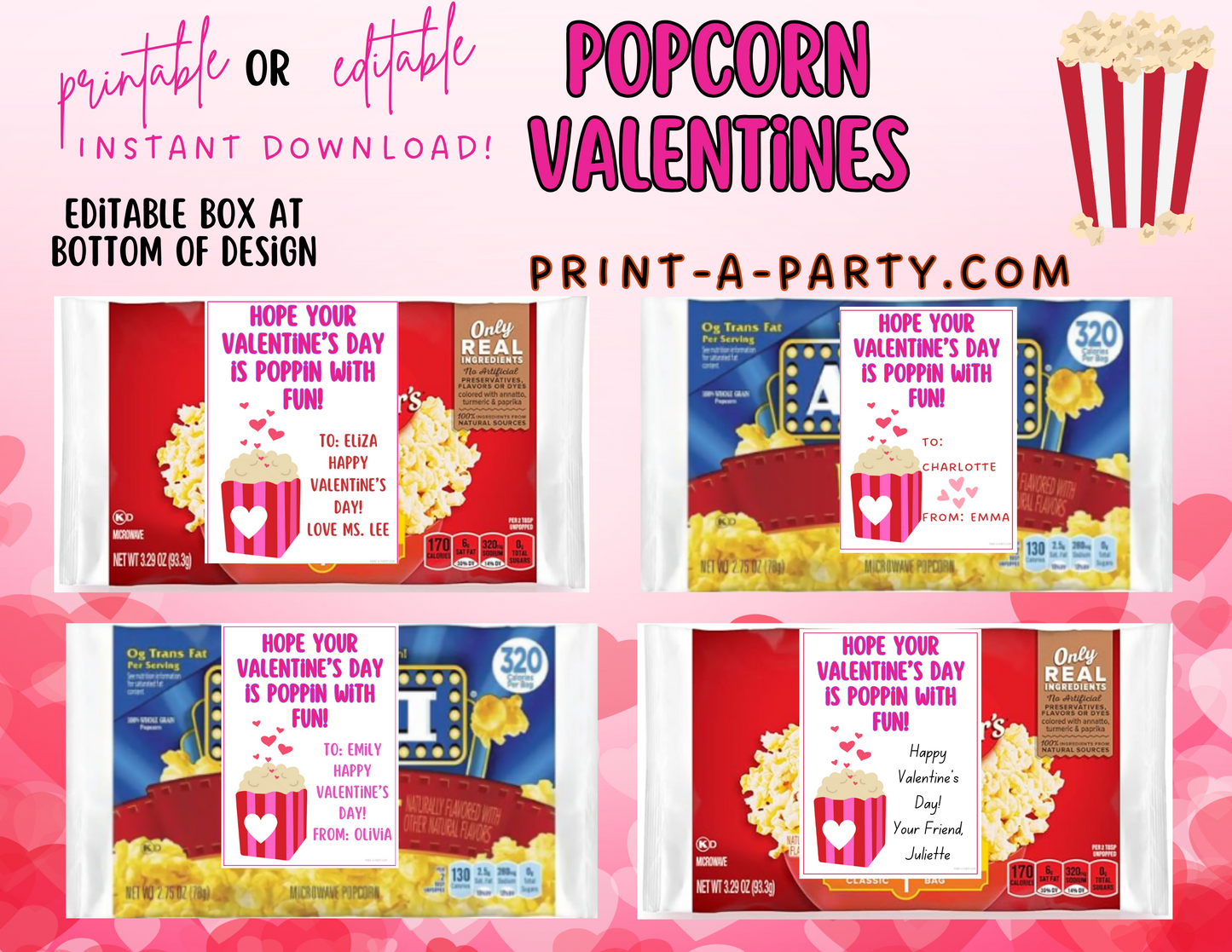 Valentine EDITABLE TEMPLATE: POPCORN VALENTINE CARD - EDITABLE PRINTABLE | Valentine's Day Party | Kid's Valentines | Valentine Popcorn