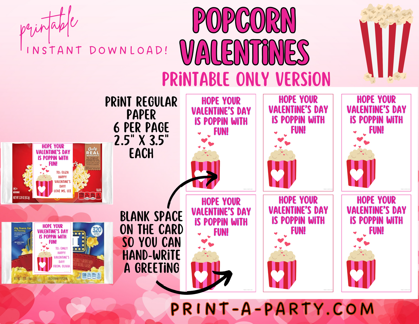 Valentine EDITABLE TEMPLATE: POPCORN VALENTINE CARD - EDITABLE PRINTABLE | Valentine's Day Party | Kid's Valentines | Valentine Popcorn