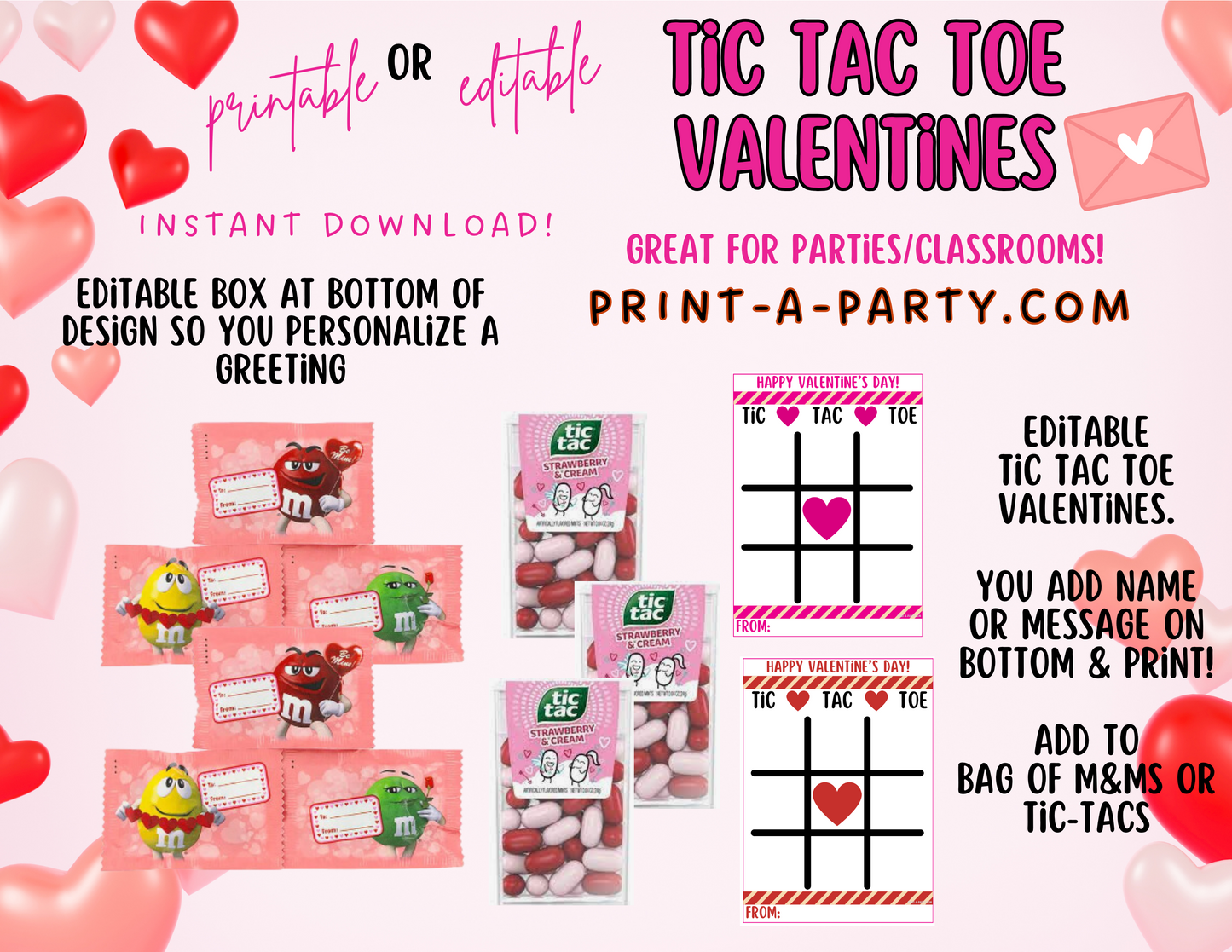 Valentine EDITABLE TEMPLATE: TIC TAC TOE VALENTINE CARD - EDITABLE PRINTABLE | Valentine's Day Party | Kid's Valentines | Valentine Tic Tac Toe Game