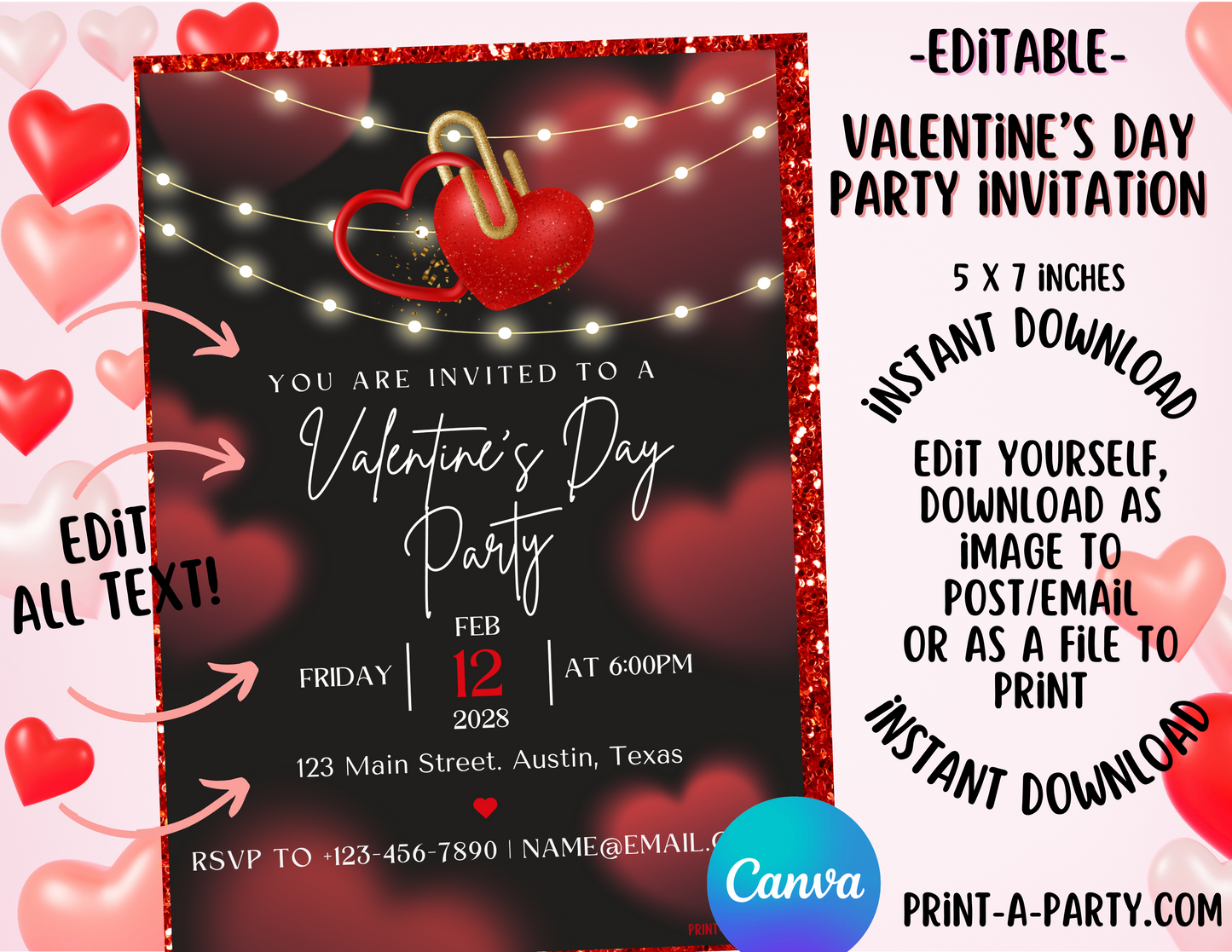 VALENTINE PARTY EDITABLE INVITATION: VALENTINE'S PARTY - EDITABLE PRINTABLE | Valentine's Day Party Invite | Valentine Party Customization