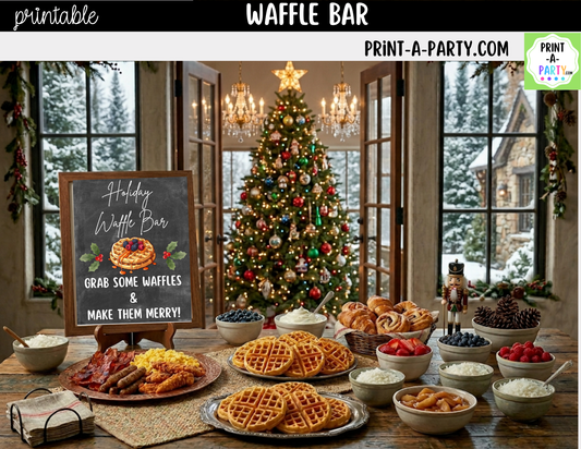 Holiday Waffle Bar Printable Sign (8x10) and Topping Tent Cards - Holiday Party Food Decor