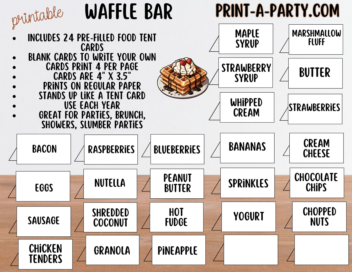 WAFFLE BAR - Printable White Waffle Bar Sign & Topping Labels – Perfect for Brunches, Showers, Birthdays Slumber Parties & More