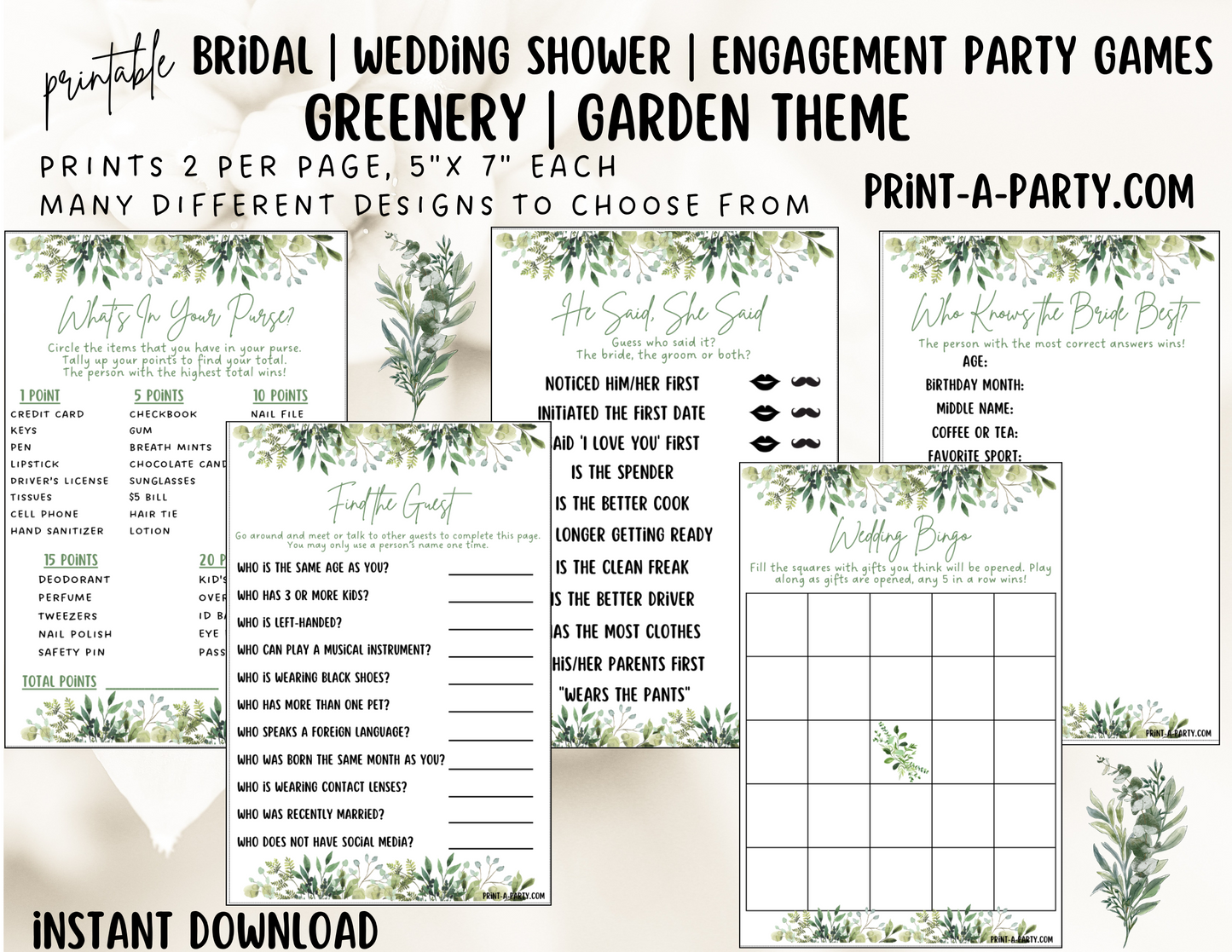 Bridal Shower: Printable GARDEN Bridal Shower Game Bundle - Instant PDF Download