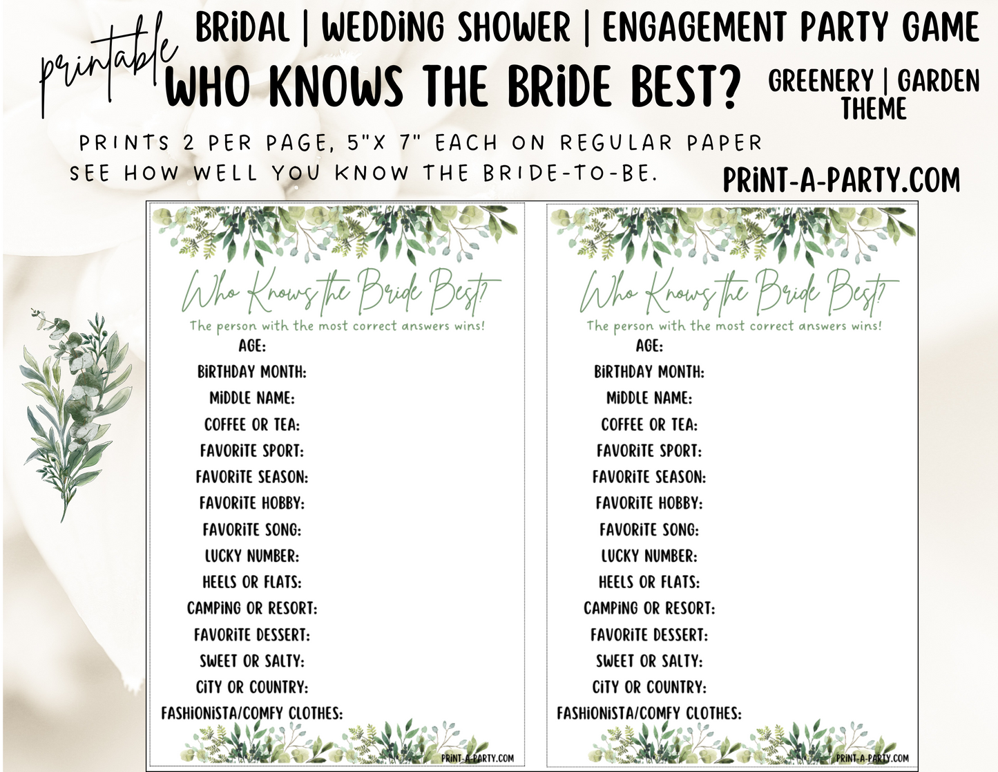 Bridal Shower: Printable GARDEN Bridal Shower Game Bundle - Instant PDF Download