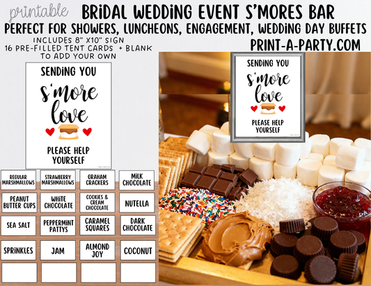 Wedding Event S'Mores Bar - Sending You S’more Love Printable Sign and Tent Cards | Wedding or Bridal Shower S'mores Bar Decor | Instant Download