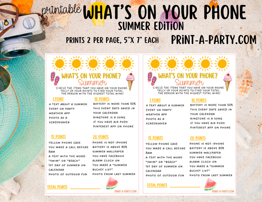 WHAT'S ON YOUR PHONE - Summer Edition Printable Party Game | Fun Summer Activity | Instant Download