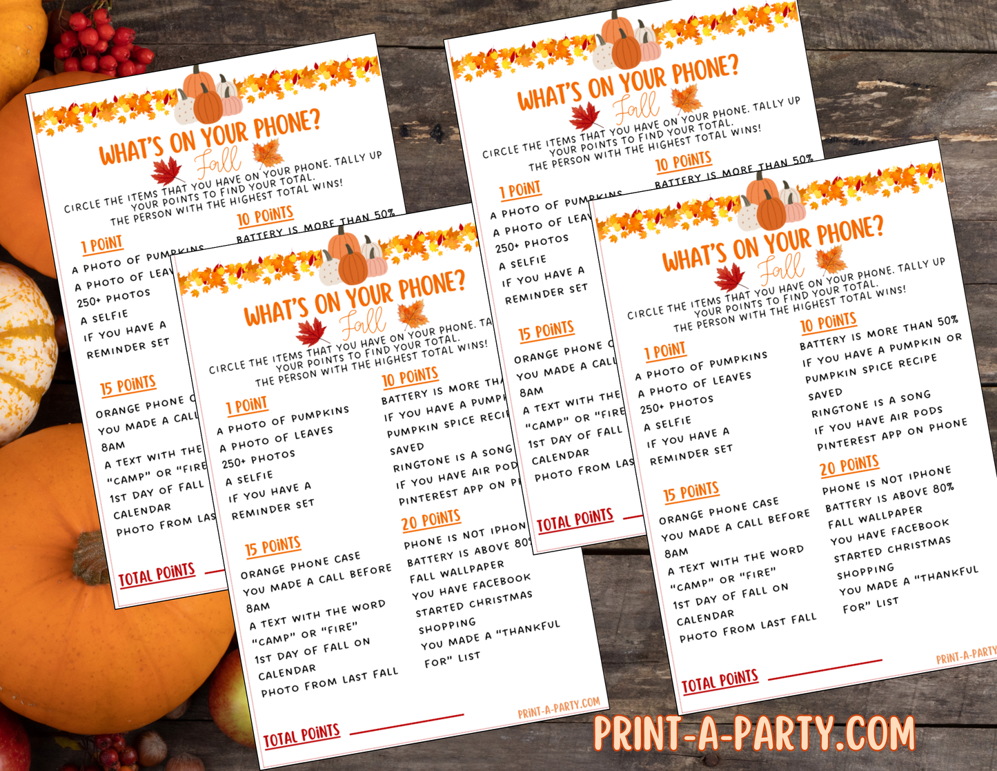 What's On Your Phone – Fall Edition Printable Game – Fun Autumn Party Activity for Classrooms, Gatherings and more
