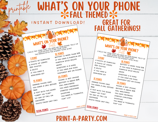 What's On Your Phone – Fall Edition Printable Game – Fun Autumn Party Activity for Classrooms, Gatherings and more