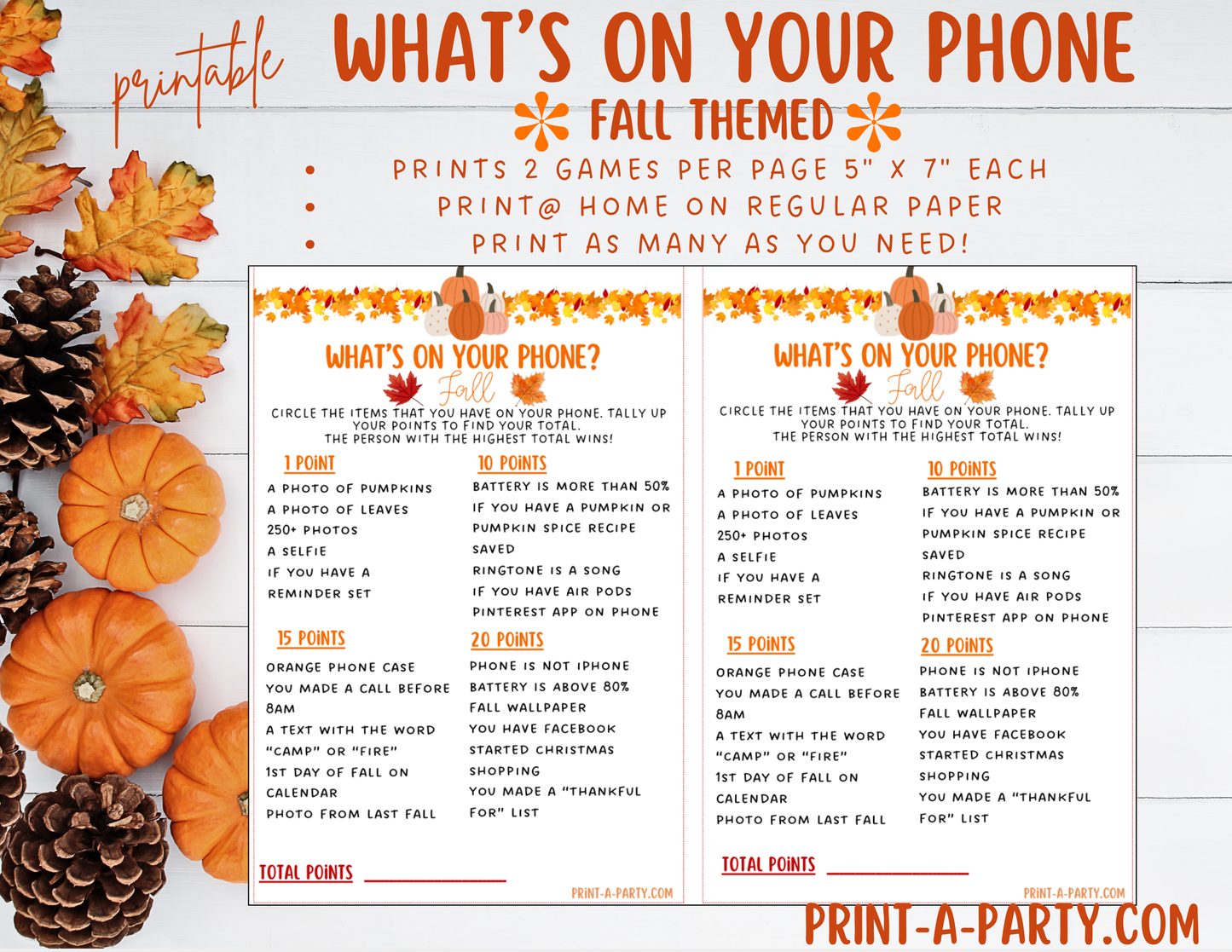 What's On Your Phone – Fall Edition Printable Game – Fun Autumn Party Activity for Classrooms, Gatherings and more