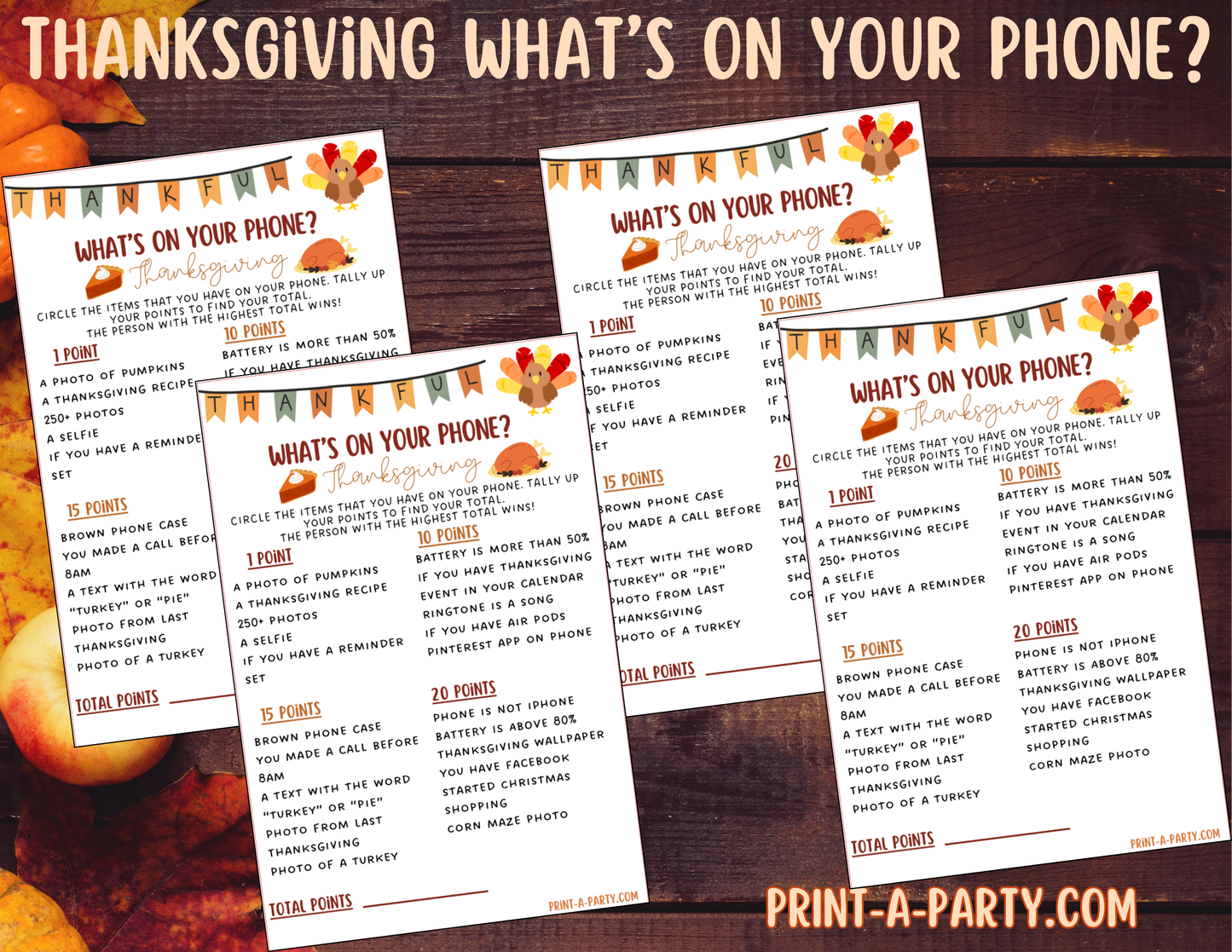 What’s On Your Phone – Thanksgiving Edition Printable Game – Fun Holiday Party Activity for Kids, Classrooms or Thanksgiving Day