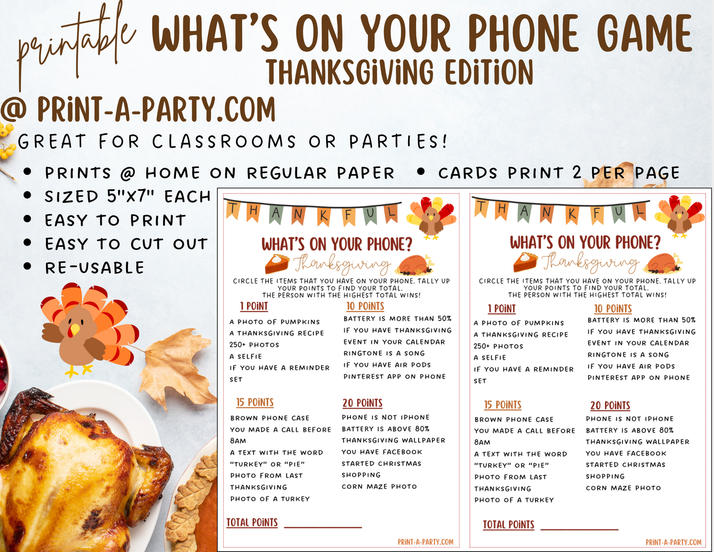 What’s On Your Phone – Thanksgiving Edition Printable Game – Fun Holiday Party Activity for Kids, Classrooms or Thanksgiving Day