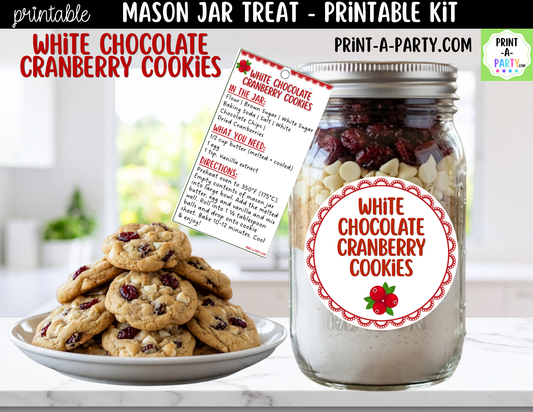 White Chocolate Cranberry Cookies Mason Jar Gift Printable Kit | Labels, Tag, Recipe & Instructions