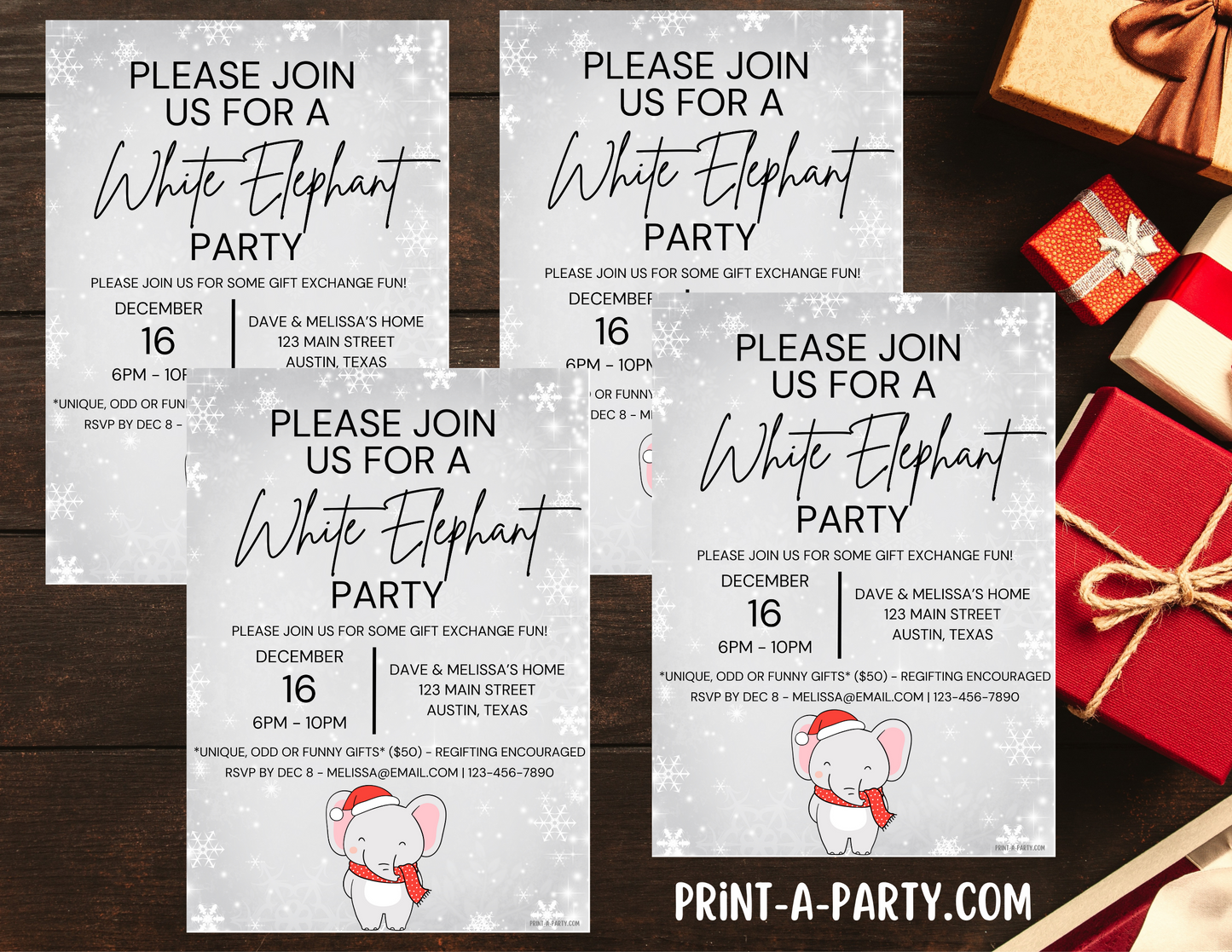 WHITE ELEPHANT PARTY Christmas Party Invitation - Editable Holiday Invitation Template for Easy Sharing Posting or Printing
