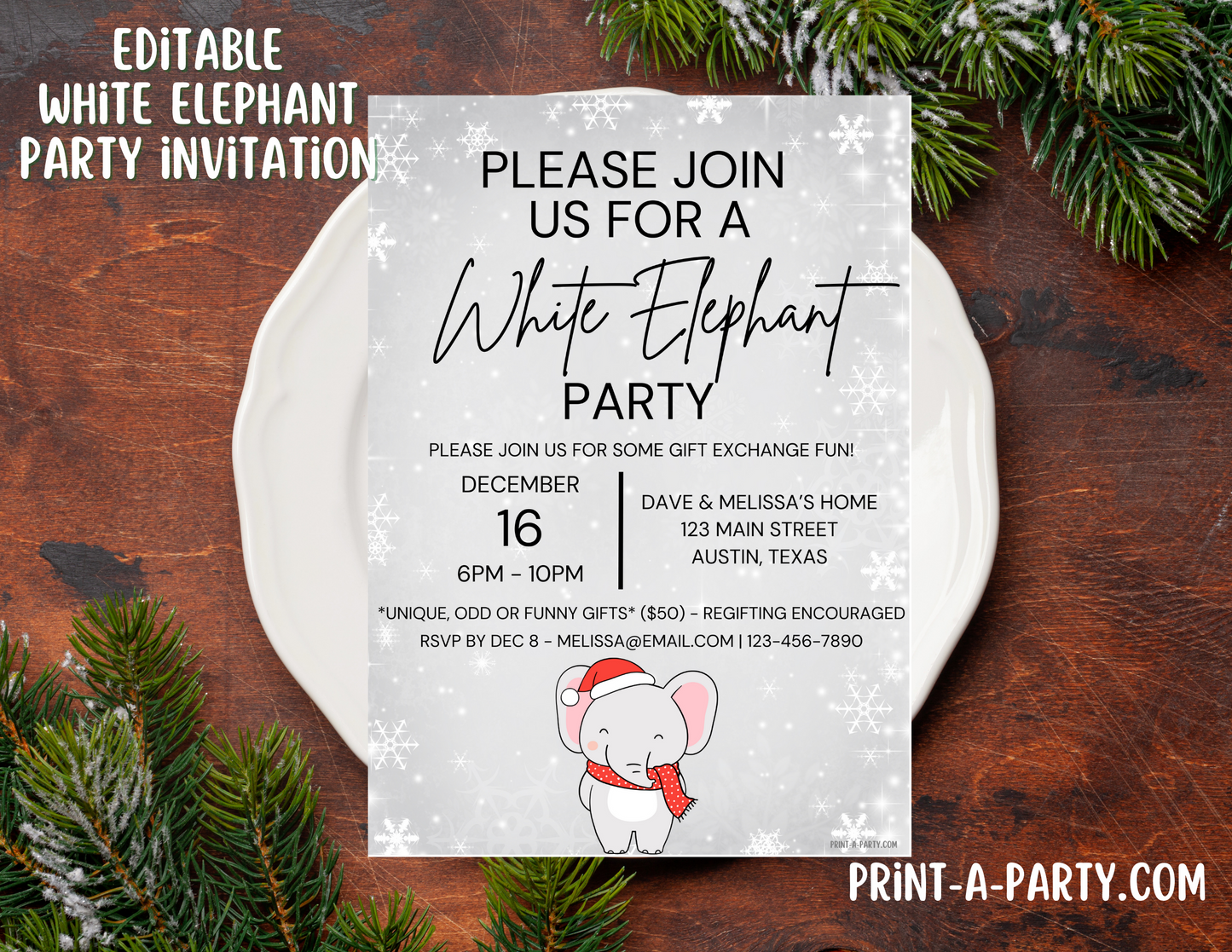 WHITE ELEPHANT PARTY Christmas Party Invitation - Editable Holiday Invitation Template for Easy Sharing Posting or Printing
