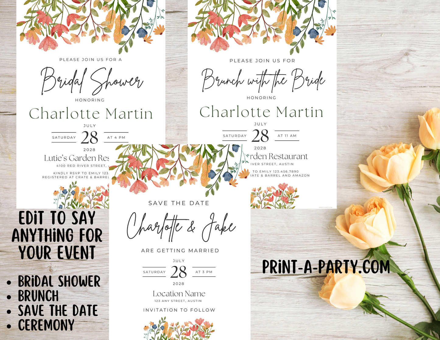 EDITABLE WEDDING EVENT INVITATION: Bridal Shower, Brunch, Save The Date, Editable Invite for posting or printing | Wildflowers