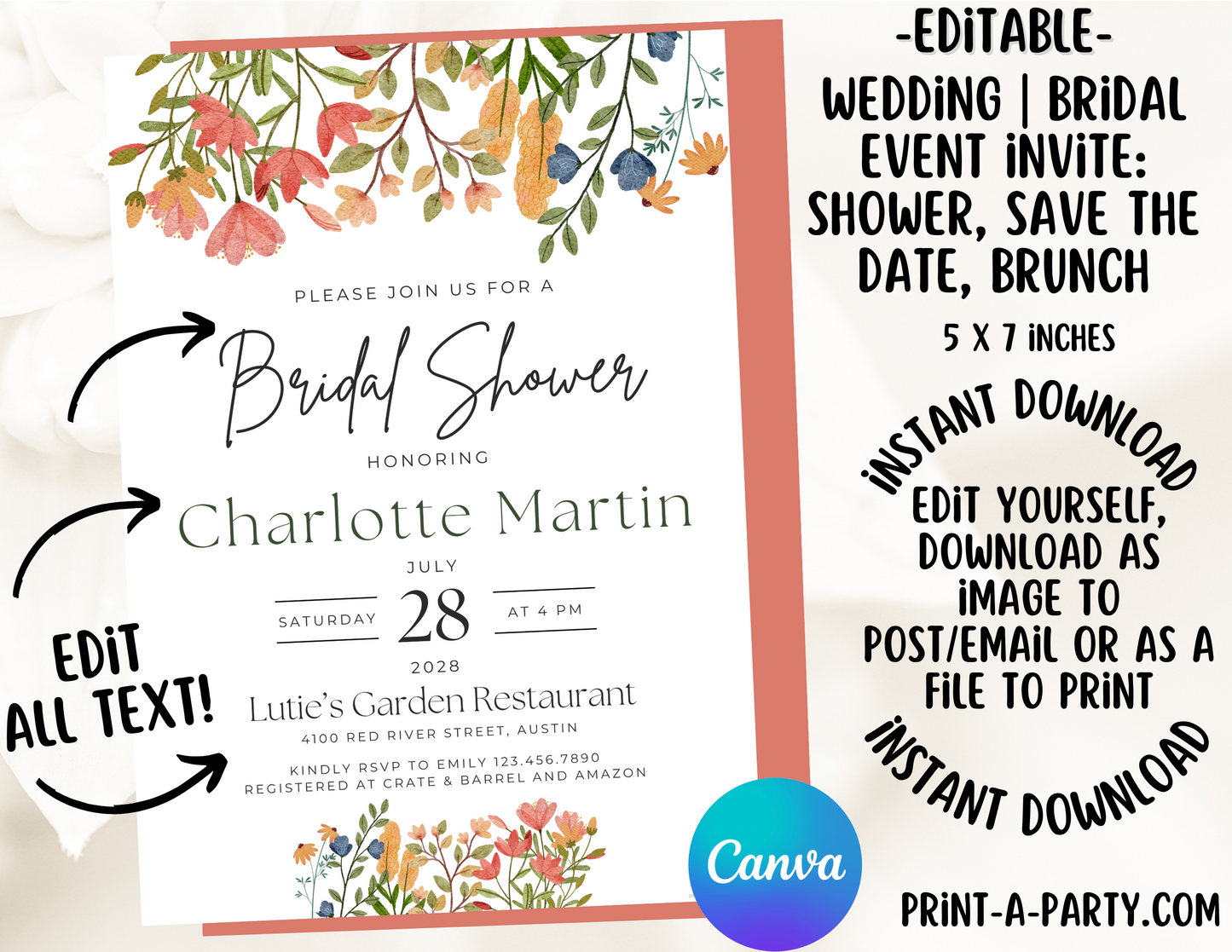EDITABLE WEDDING EVENT INVITATION: Bridal Shower, Brunch, Save The Date, Editable Invite for posting or printing | Wildflowers