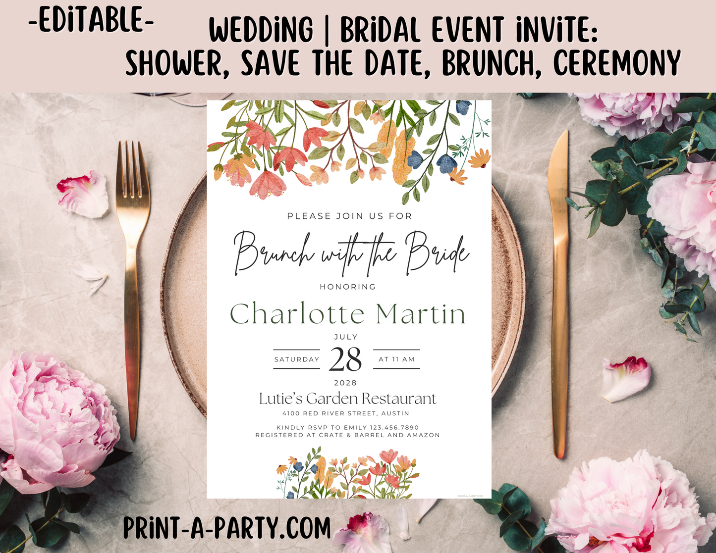 EDITABLE WEDDING EVENT INVITATION: Bridal Shower, Brunch, Save The Date, Editable Invite for posting or printing | Wildflowers