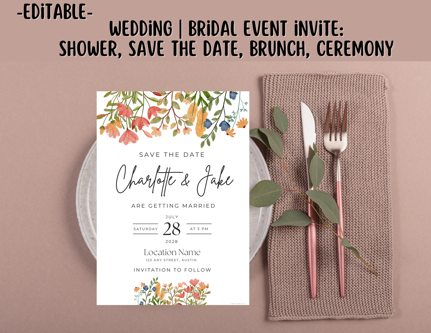 Editable Wedding Invitation Template - WILDFLOWERS - Canva printable for Bridal Showers, Save-the-Dates, Engagement parties and more