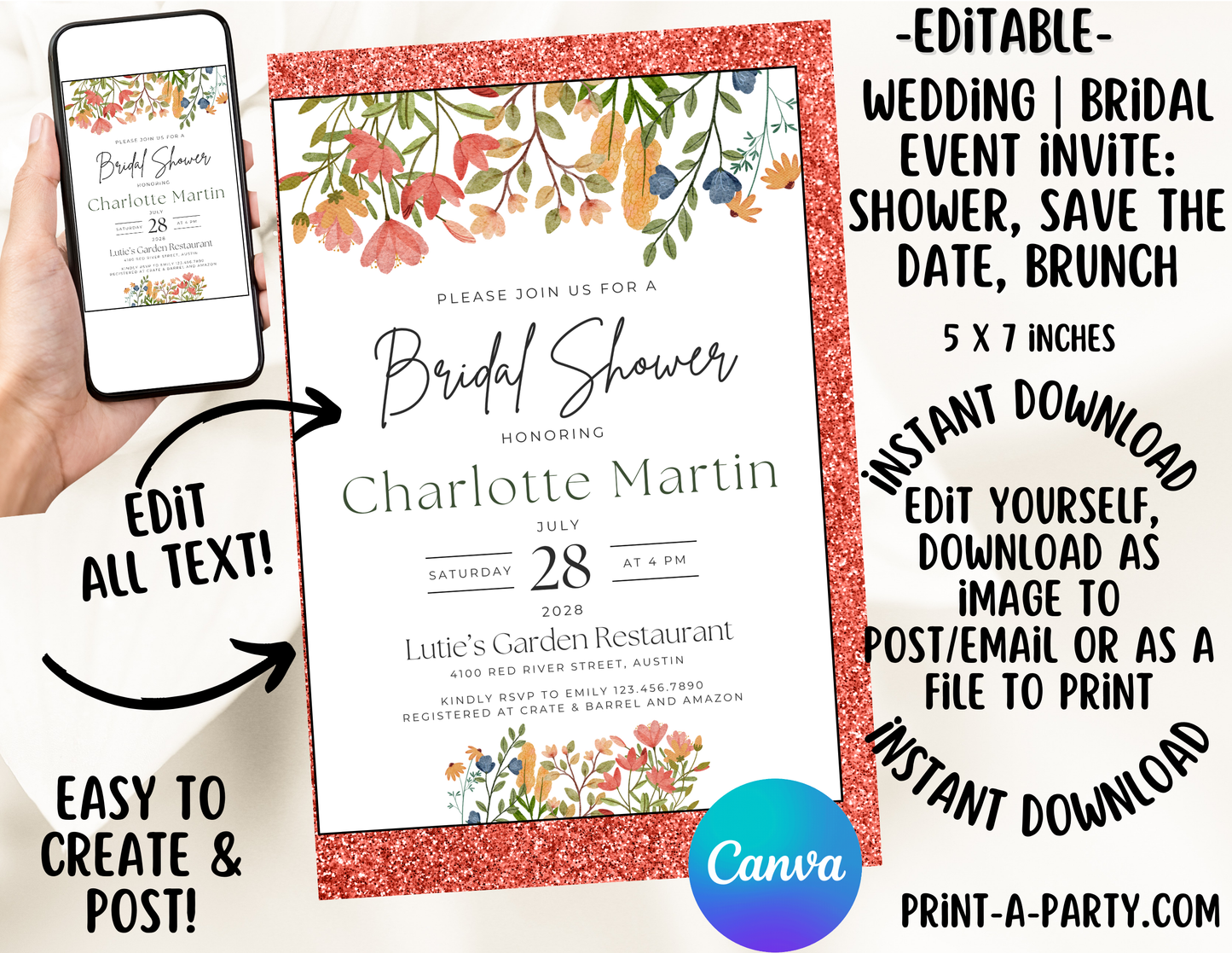 Editable Wedding Invitation Template - WILDFLOWERS - Canva printable for Bridal Showers, Save-the-Dates, Engagement parties and more