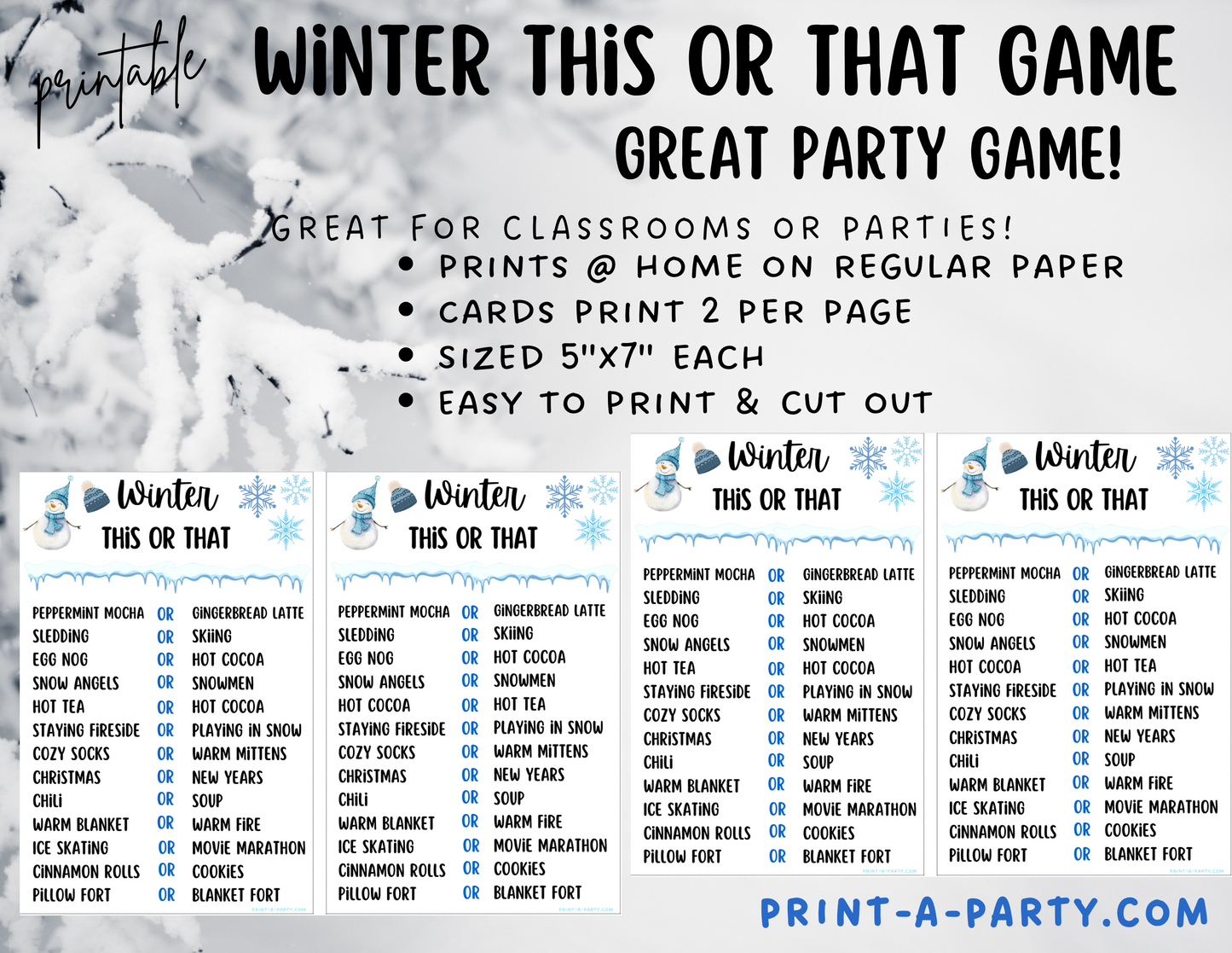 THIS OR THAT GAME- Printable Winter This or That Game – Fun Winter Activity for Kids, Classrooms & Parties