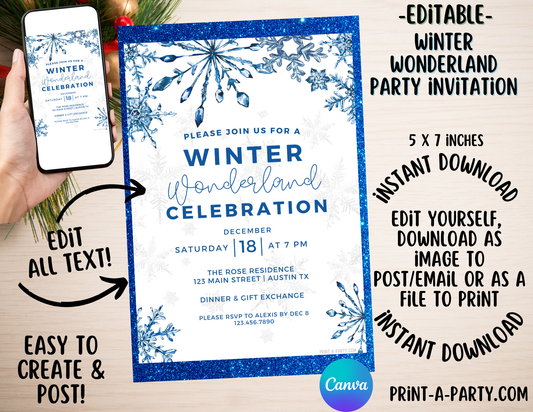 WINTER WONDERLAND PARTY INVITATION -  Editable Holiday Invitation Template for Easy Sharing Posting or Printing