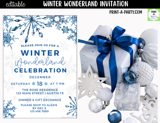 Winter Wonderland Party Invitation | Editable Canva Holiday & Winter Birthday Invite