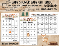 BINGO GAME BABY GIFTS - WOODLAND THEME | Baby Gift Bingo | Pre-filled Baby Shower Gift Bingo Cards - Woodland Theme | Baby Shower Gift Bingo Game - Woodland | Woodland Baby Shower