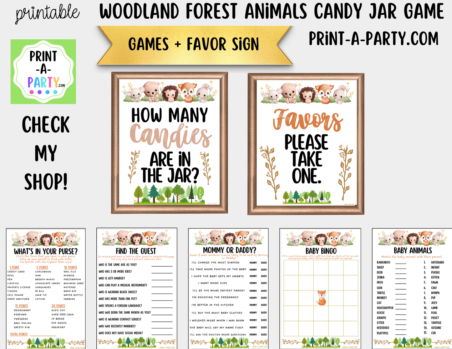 Woodland Forest Animals Candy Jar Game Printable Sign (8x10) + Guessing Cards - For Baby Showers and events