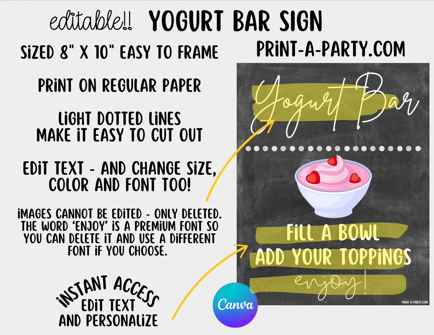 EDITABLE YOGURT BAR | YOGURT STATION Setup - CHALKBOARD | Yogurt Bar Sign | Food Station For Party | Party Food Bar | DIY Yogurt Bar