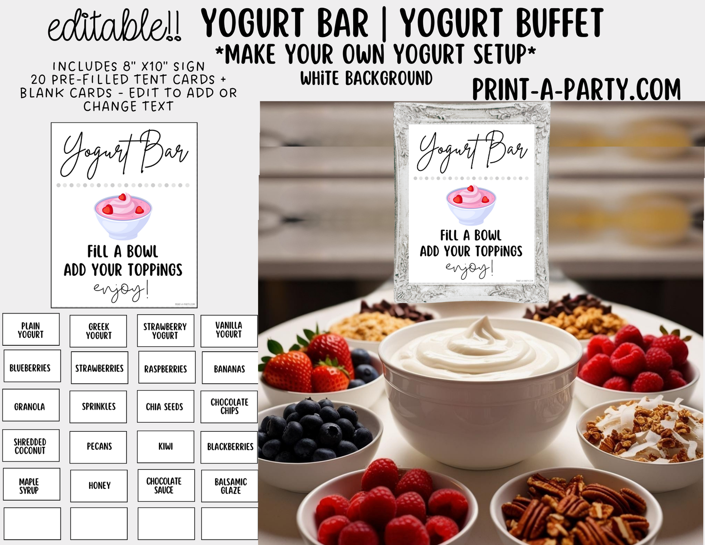 EDITABLE YOGURT BAR | YOGURT STATION Setup - WHITE | Yogurt Bar Sign | Food Station For Party | Party Food Bar | DIY Yogurt Bar