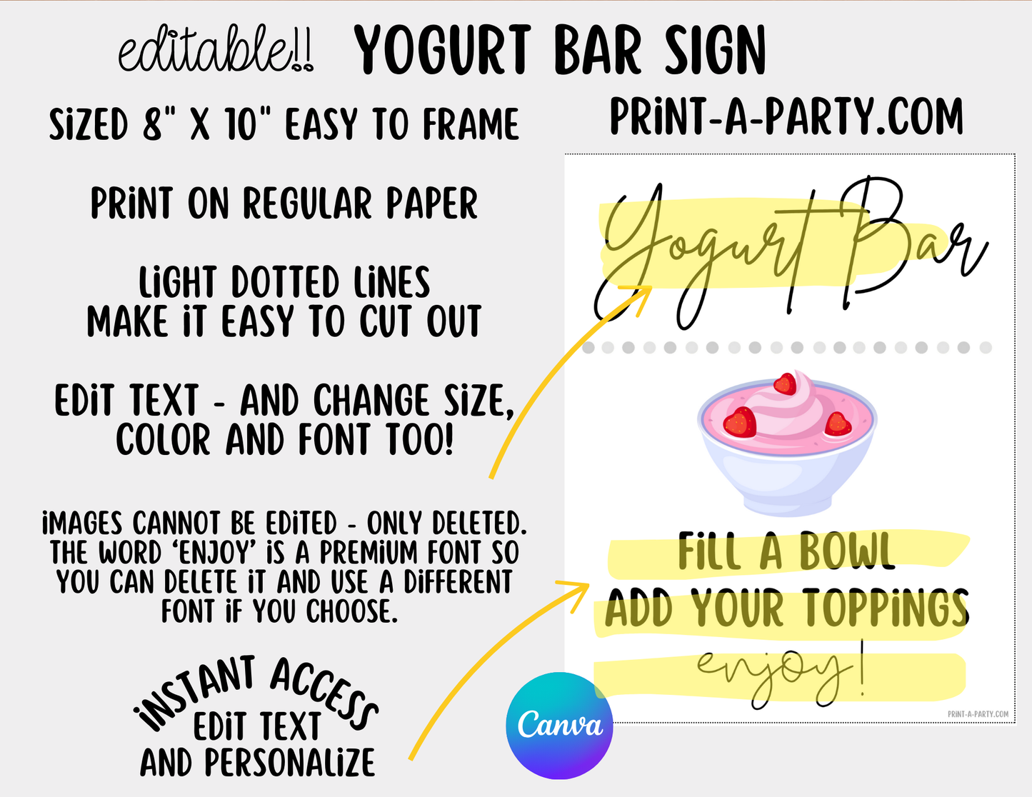 EDITABLE YOGURT BAR | YOGURT STATION Setup - WHITE | Yogurt Bar Sign | Food Station For Party | Party Food Bar | DIY Yogurt Bar