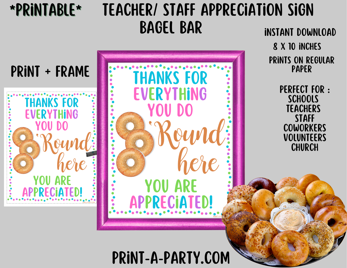 Appreciation Sign: BAGEL Breakfast Appreciation Sign | Printable 8x10 Staff & Teacher Event