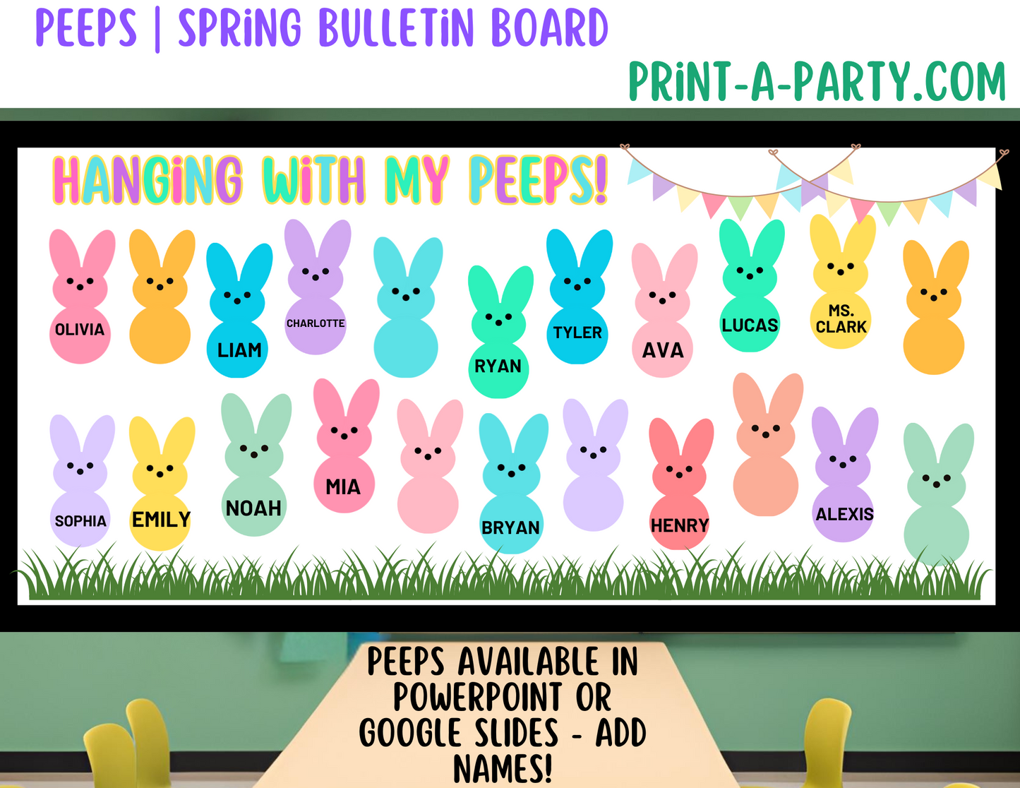 BACK TO SCHOOL: Bulletin Board Display for Classroom - PEEPS | Spring Bulletin Board | Peeps Bulletin Board | Customizable Peeps lets you add names!